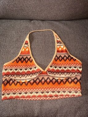 Multi-Color Crochet Halter Crop Top — Orange & Cream Accents